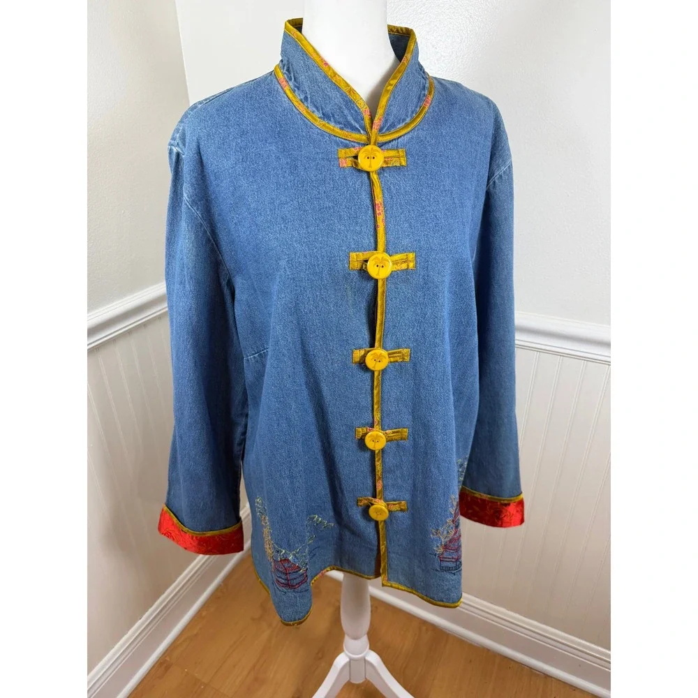 Hearts of Palm Vintage Denim‎ Mandarin Collar Jacket Embroidered Women Size 18